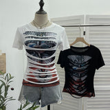 Vintage Rock Gothic 2025 Summer Dress Hole Design Feel Short-Sleeved Printed T-Shirt 26961