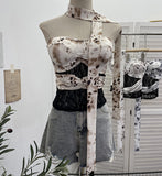 Real Shot Lace Spliced Leopard Hanging Neck Sling Waistcoat With Bra Pad Hottie Short Sleeveless Top 8108