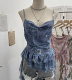 Real Shoot Spice Girl Swing Network Yarn Print Sling Vest Retivating Lotus Leaf Side Ribbon Short Top 1210
