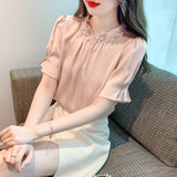 Summer New High-End Loose Thin Temperament Short-Sleeved Shirt Female Small Lotus Leaf-Side Shirt Shirt