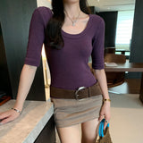 Premium Non-Bumbling Purple U-Necked Mid-Sleeved T-Shirt Women's Summer 2025 New Super-Look Unique Beautiful Small Top