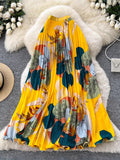 Vintage Print 100 Folds Loose Waist Fashion Half-Dress Women High-Waist A Skirt Commuting Big Hanging Long Skirt Summer