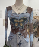 Real Shooting Pure Sexful V-Neck Umbilly T-Shirt Female Hairy Denim Butterfly Embroidered Mesh Yarn Long Sleeve Top 9996