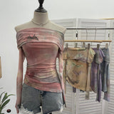 Real Shooting Design Dizzling A Word On The Shoulder Of The Women's Net Exposed Shoulder Long Sleeves Irregularly Folded Short T-Shirt 1198