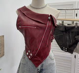 Slap Song Suit Hottie Buckle Irregular Zipper Slanted Shoulder Pu Coat Short Leather Vest Woman 2779