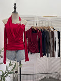 Real Shooting Hottie Shoulder Bead Hanging Neck Cross-Neck Wrinkles Two Long-Sleeved Tops To Repair T-Shirt 2861
