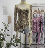 Real Shooting Retro Y2k Hot Tatry Lattice Lattice Mesh Splicing Lace Collar T-Shirt Irregular Ribbon Clothing 8078