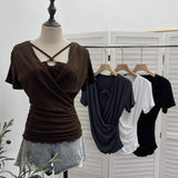 Real Shooting Cross-Design Hanging Neck Beads Folded Emptiness T-Shirts For Women's Sense Of Fake Two-Piece Top 27671