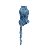 Trend Irregular Hanging Neck Dyeing Net Yarn Vest Lotus Side Ribbon Short Sleeveless Top 9969