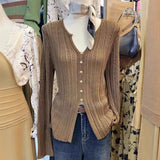 Korean V-Neck Knitted Shirt Women's Clothing Early Autumn New Buckle Top Cardigan