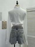 Short-Term Umbilled Flower Long-Sleeved Shirt Spliced Lace Lotus Side Single Row Buckle Chiffon Shirt 23810