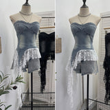 Real Pat With Chest Cushion Irregular Ribbon Lace Skirt Stided With Denim Vest Back Sleeveless Top 2759