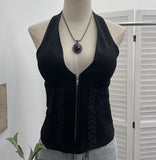 Real Shot With Chest Pad Hanging Neck Sling Sling Zipper Open Shirt Low Breast Sexy Hot Girl Short Top 2810