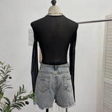 Sexy Square Collar Mesh Spliced Denim Strapped Belted Blouse Design With A Short T-Shirt 2230