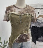 Real Shooting Guangzhou Women's Clothing Dizz-Dyed Net Yarn Splicing Edge To Make Old Denim Short-Sleeved T-Shirt Top 26171
