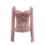 Real Shooting Atmosphere Love Print Net Folded Bow Bow Long Sleeve Bottom Shirt T-Shirt Collar Collar T-Shirt 2831