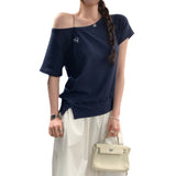 White Slings With Slanted Shoulders To Close The Waist Short-Sleeved T-Shirt For Women's Summer 2026 New Design-Sensitive Beautiful Blouse