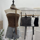 Lace Side Splicing Suit Single Buckle Jacket Head Ribbon Bra Strap Bra With Chest Pad Short Top 8129