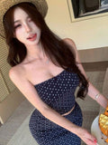 Spice Girls Set Tibetan Blue Print Short Breast-Wear Vest Girl Summer Sexy Open Fork Hip Half Skirt Two Sets