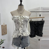 Real Shot With Anti-Slip Strip Tie Dyed Hole Design Dark-Smear Bra Waist Loaf Side Short Top 2709
