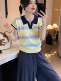 Collider Striped Polo Shirt Over Small Flying Sleeve Knitted T-Shirt Women's Summer Design Sense Age-Supling Embroidery Loose Top