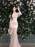 French Romantic Style Word Shoulder Broken Floral Dress Women Summer Holiday Style Bodyd With Hip Fishtail Dress Set Sweet