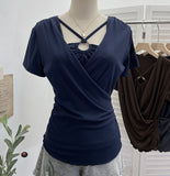 Real Shooting Cross-Design Hanging Neck Beads Folded Emptiness T-Shirts For Women's Sense Of Fake Two-Piece Top 27671