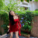 Red Lotus Leaf Side Tie Dress Women Summer Folding Skirt Sweet Hot Girl Waist A Short Skirt