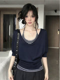 Korean Niche Middle-Sleeved T-Shirt Women Wear Hanging Neck Striped Vest In Summer Slim Top Two Sets
