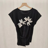Spring And Summer New Korean Version Of The Fashion Ocean Cross-Fold Waist Fold Three-Dimensional Flowers Knitted Short-Sleeved Top