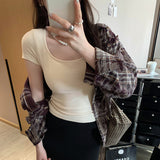 European Goods Explosion With Breast Pad Hot Girl Collar Shoulder Short-Sleeved T-Shirt Girl 2025 Summer New Dress Short Top