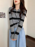 Crash Striped Semi-Zip Polo Collar Knitted Shirt Girl Spring And Autumn And Winter Loose Lazy Wind Outside Long-Sleeved Sweater Coat