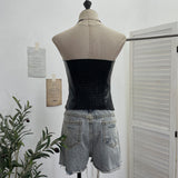 Vintage Punk With Chest Pad Anti-Slip Bar Bra Vest With Zipper Open Fork Short Top Female 6230