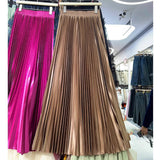 Tightening The Pearl Light Hundred Folded Half-Dressed Dress Woman 2025 Early Spring Glossy Color Color Hanging High Waist Thin Word Long Dress