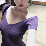 Purple V-Neck Knitted Short-Sleeved T-Shirt For Girls Spring Niche Short French Beauty Sweet Hot Girl Small Top