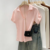 Pink V-Neck Shoulder-Repair Short-Sleeved T-Shirt For Girls Summer 2026 New Collared Little Hottie Top