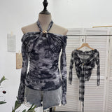 Heavy Industry Hanging Neck Long Sleeve Top Women's Autumn Dress Screen Printing Folds Repair Word Shoulder Bottom T-Shirt 8060