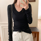 V-Neck Long-Sleeved Knitted Shirt Woman 2025 Early Autumn New Design Sense Slimming Slimming Bottom Top