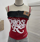 Real-A-Case Letter-Print Spliced Denim Sling Vest Repair Outside The Hot Babes Bumpy Short Sleeveless Top 2309