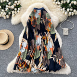 Vintage Print 100 Folds Loose Waist Fashion Half-Dress Women High-Waist A Skirt Commuting Big Hanging Long Skirt Summer