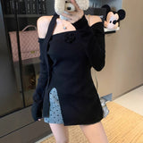 Pure Three-Dimensional Flowers Shoulder-Opened Long-Sleeved Knitted Shirt 2025 Autumn New Slim Top Woman Tide