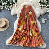 French Printing High-Waisted Thin A Word Hundred-Fold Skirt Women Summer Mid-Summer Skirt Holiday Style Commuting Skirt