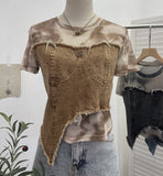 Real Shooting Of The Edge Of The Denim Splicing Tie Dye Mesh Repair Irregular Two Short-Sleeved Top T-Shirt 26171
