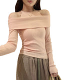 Design Sense Unique Fake Two-Word Shoulder-To-Shoulder Long-Sleeved Knitted Shirt Woman 2025 Autumn New Single Wear Small Top