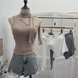 Real Shooting Hanging Neck Small Sling Vest Outside Wearing Brooch Knitting Elastic Shoulder Ribbon Hottie Top 1052