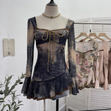 Spring And Summer New French Style Tie Dyed Horn Long-Sleeved Lace Side Design T-Shirt 9980