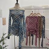 Vintage Lattice Mesh Long-Sleeved T-Shirt Irregularly Drifted Y2k Oblique Shoulder Short Top 8073