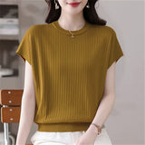 2026 Round Collar Summer New Large Size Women's Loose Knitted Shirt Short-Sleeved Fat Mm Thin Top