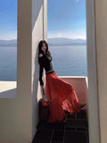 2025 New Leisure Temperament To Pick Up Thin Skin Spliced Red Lattice Long Sling Dress Women's Holiday Style