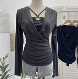 French Design Sense Hanging Neck Cross-Folded Long-Sleeved T-Shirt Inside The Fake Two-Piece Top Female 2767